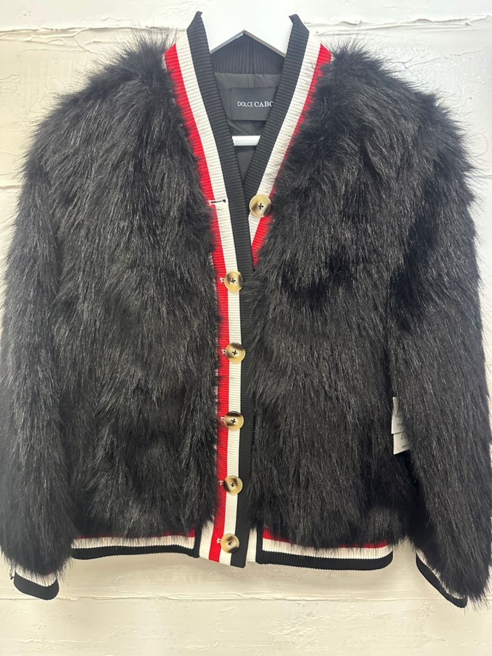 New w tags. Dolce Cabo faux fur racer stripes bomber jacket